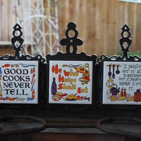 Vintage Cast Iron Ceramic Kitchen Trivets – Set of 3 –Arco 1970s Funny Sayings - Picture 2 of 16